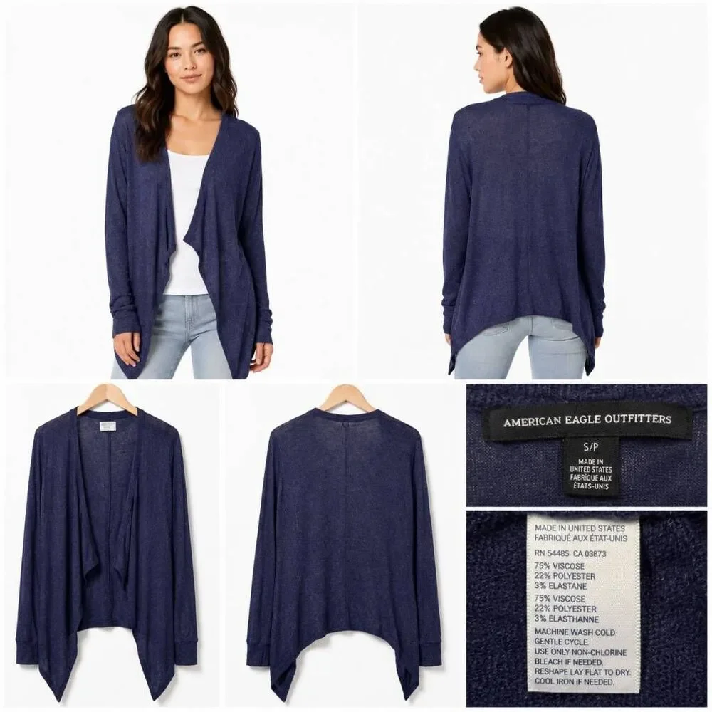 American Eagle S Navy Blue Lightweight Drape Cardigan Open Front Ribbed Knit USA